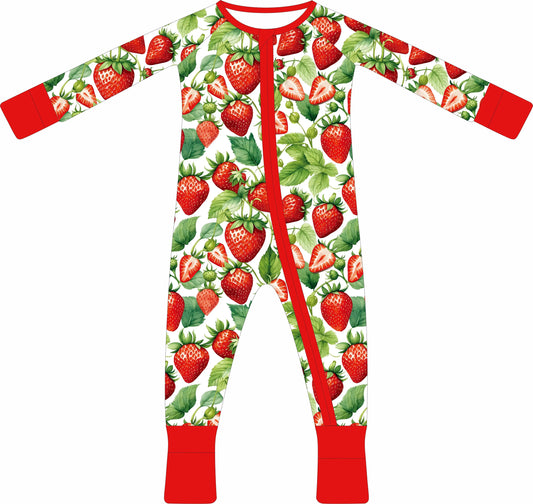 Long sleeve bamboo Zip up Romper (pre-order) strawberry